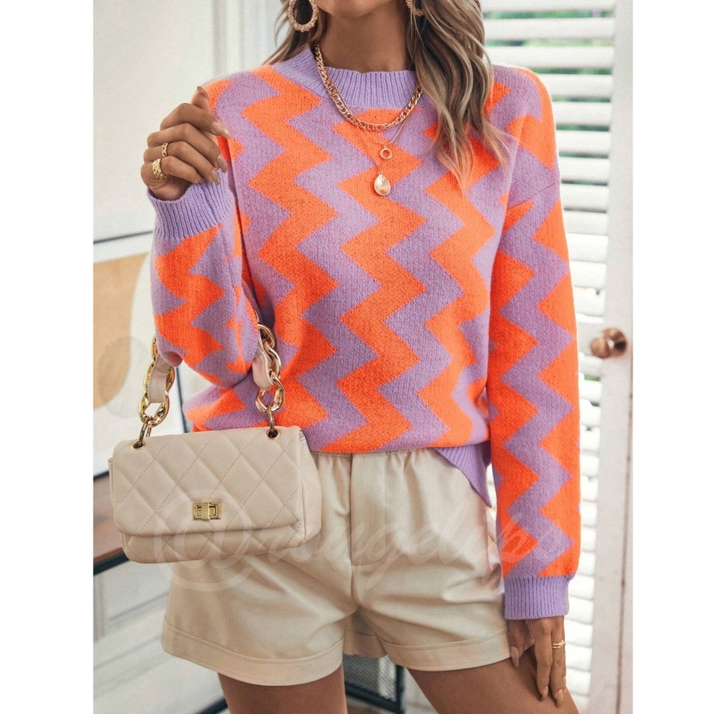 Chevron Pattern Lavender & Orange Pullover Sweater Long Sleeve - Picture 2 of 12